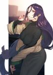  alternate_costume bangs beige_jacket black_skirt black_sweater breasts casual closed_mouth commentary eyewear_removed fate/grand_order fate_(series) glasses highres holding holding_eyewear large_breasts long_hair long_skirt long_sleeves looking_at_viewer low-tied_long_hair minamoto_no_raikou_(fate/grand_order) nail_polish parted_bangs purple_eyes purple_hair red_nails rolua skirt sweater turtleneck turtleneck_sweater very_long_hair 
