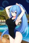  arm_up armpits bangs bare_arms black-framed_eyewear black_swimsuit blue_eyes blue_hair blurry blurry_background blush breasts character_name clothes_writing collarbone competition_swimsuit cowgirl_position depth_of_field emori_miku emori_miku_project eyebrows_visible_through_hair glasses groin highres large_breasts long_hair looking_at_viewer miko_92 mouth_hold night night_sky official_art one-piece_swimsuit ponytail pool poolside sideboob sky smile solo straddling swimsuit tree tying_hair very_long_hair water 