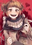  1girl bangs blonde_hair blunt_bangs boku_no_hero_academia cardigan double_bun fangs fenori hair_bun heart knife messy_hair open_mouth school_uniform serafuku smile solo toga_himiko upper_body weapon yellow_eyes 