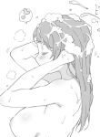  blush breasts closed_eyes cum cum_on_hair deyuuku ejaculation greyscale hair_down hands_in_hair heart large_breasts long_hair love_live! love_live!_school_idol_project monochrome nipples nude soap_bubbles solo spoken_heart steam toujou_nozomi upper_body washing_hair wet 