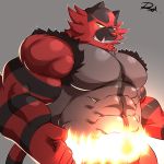  2018 abs black_fur feline fire front_view fur grey_background grin incineroar male mammal multicolored_fur muscular muscular_male navel nintendo pecs pok&eacute;mon pok&eacute;mon_(species) reclamon red_fur sharp_teeth simple_background smile solo teeth video_games 