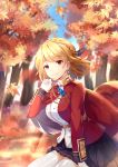  absurdres arm_support autumn_leaves azur_lane bangs blonde_hair blue_sky blurry blurry_background blush braid breasts chain commentary_request crown_braid day earrings eyebrows_visible_through_hair floating_hair french_braid gloves gold_trim hair_ornament hand_up highres jacket jewelry large_breasts light_particles looking_at_viewer outdoors prince_of_wales_(azur_lane) red_eyes red_jacket short_hair sidelocks sitting sky smile solo thighhighs thighs tree white_gloves white_legwear wind yuu_li_(glass) 