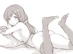  ass bed_sheet blush breasts deyuuku eyebrows_visible_through_hair feet_up greyscale hair_ornament hair_scrunchie large_breasts long_hair looking_at_viewer looking_back love_live! love_live!_school_idol_project lying monochrome nipples no_shoes nude on_stomach pillow scrunchie smile solo thighhighs toujou_nozomi twintails 