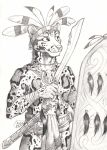  0laffson 2018 5_fingers anthro clothed clothing clouded_leopard feline holding_object holding_weapon male mammal melee_weapon shield sketch solo sword traditional_media_(artwork) tribal weapon 