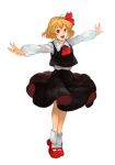  :d ahoge ascot black_skirt black_vest blonde_hair bobby_socks collared_shirt commentary_request frilled_shirt_collar frills full_body hair_ribbon highres legs_together long_sleeves looking_at_viewer mary_janes nail_polish open_mouth outstretched_arms red_eyes red_footwear red_nails red_neckwear red_ribbon ribbon rumia shidaccc shirt shoes short_hair simple_background skirt skirt_set smile socks solo spread_arms standing tiptoes touhou vest white_background white_legwear white_shirt wing_collar 