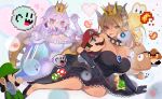  2boys 2girls big_nose black_dress black_gloves blonde_hair blue_earrings blue_eyes boo borrowed_design bowsette bracelet breasts choker collar commentary_request crown dress earrings elbow_gloves eyebrows_visible_through_hair facial_hair fangs fire frilled_collar frilled_gloves frills ghost gloves goomba hat heart highres horns jewelry koopa_troopa large_breasts looking_at_another luigi luigi's_mansion lying mario mario_(series) multiple_boys multiple_girls mustache natsume-same new_super_mario_bros._u_deluxe on_side pale_skin pixelated pointy_ears ponytail princess_king_boo puffy_short_sleeves puffy_sleeves purple_eyes sharp_teeth shell short_sleeves smile spiked_bracelet spiked_choker spiked_tail spikes strapless strapless_dress super_crown super_mario_bros. tail teeth tongue tongue_out transparent turtle_shell white_dress white_gloves white_hair 