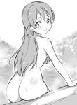  ass bangs blush breast_lift deyuuku from_behind greyscale long_hair looking_at_viewer looking_back love_live! love_live!_school_idol_project monochrome nude outdoors sitting smile solo sonoda_umi sweat 
