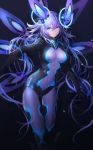  arm_up artist_name bangs black_background blue_eyes bodysuit breasts closed_mouth commentary_request covered_navel eyebrows_visible_through_hair feet_out_of_frame foreshortening glowing hair_between_eyes headgear highres long_hair looking_at_viewer medium_breasts neptune_(series) next_purple outstretched_arm power_symbol purple_bodysuit purple_hair purple_heart shin_jigen_game_neptune_vii shiny shiny_hair signature simple_background solo swd3e2 symbol-shaped_pupils v-shaped_eyebrows very_long_hair 