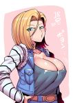  1girl android_18 blonde_hair blue_eyes blush breasts cleavage clothes dragonball_z large_breasts looking_at_viewer short_hair solo tsuki_wani upper_body 