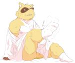  2016 anthro brown_fur butt canine clothed clothing fur hysk male mammal moobs nipples overweight overweight_male sengoku_puzzle simple_background sitting solo tanuki tokugawa_ieyasu white_background 