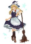  :d apron black_skirt black_vest blonde_hair boots bow braid broom brown_footwear commentary crossed_ankles double-breasted eyebrows_visible_through_hair frilled_apron frills full_body hair_bow hat hat_bow highres kirisame_marisa knee_boots kneehighs long_hair looking_at_viewer open_mouth puffy_short_sleeves puffy_sleeves red_bow shidaccc shirt short_sleeves side_braid simple_background single_braid skirt skirt_hold skirt_set smile solo standing star starry_background striped striped_legwear touhou vertical-striped_legwear vertical_stripes vest waist_apron wavy_hair white_apron white_background white_bow white_shirt witch_hat yellow_eyes 