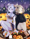  abigail_williams_(fate/grand_order) bangs barefoot bikini bikini_skirt black_bikini black_bow black_jacket blonde_hair blue_eyes blush bow brown_footwear candy closed_mouth collarbone commentary_request covered_mouth demon_tail dual_persona emerald_float fate/grand_order fate_(series) food hair_bow hair_bun halloween happy_halloween heroic_spirit_traveling_outfit high_heels jack-o'-lantern jacket keyhole long_hair long_sleeves lydia601304 medjed multiple_girls navel night night_sky object_hug orange_bow pale_skin parted_bangs polka_dot polka_dot_bow red_eyes shoes silver_hair sky sleeves_past_fingers sleeves_past_wrists smile sparkle star_(sky) starry_sky stuffed_animal stuffed_toy swimsuit tail teddy_bear 