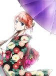  blue_eyes floral_print from_side gintama hatsune_touko highres holding holding_umbrella japanese_clothes kagura_(gintama) kimono looking_at_viewer oriental_umbrella parted_lips print_kimono purple_umbrella short_hair solo standing tied_hair umbrella upper_body yukata 