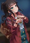  ajapar alternate_hairstyle bag bangs black_hair blunt_bangs blurry bracelet can cardigan collarbone commentary_request green_eyes hair_ornament hairclip handbag highres holding holding_can jewelry kurosawa_dia long_sleeves love_live! love_live!_school_idol_festival love_live!_sunshine!! mole mole_under_mouth night plaid plaid_skirt ponytail red_cardigan shirt sidelocks skirt smile solo sparkle watch white_shirt winter_clothes wristwatch 