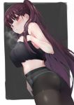  ass bangs black_legwear blush braid breasts breathing crop_top eyebrows_visible_through_hair french_braid girls_frontline hair_ribbon half_updo hand_on_own_chest large_breasts long_hair looking_at_viewer one_side_up open_mouth panties panties_under_pantyhose pantyhose pring654 purple_hair red_eyes ribbon solo tsurime underwear very_long_hair wa2000_(girls_frontline) white_panties 
