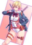  ass_visible_through_thighs blazer blonde_hair blue_eyes cellphone commentary_request gloves gradient_hair gwen_poole gwenpool hand_on_hip highres holding holding_phone holster honzawa_yuuichirou hood jacket katana long_sleeves looking_at_viewer marvel multicolored_hair outline phone pink_hair pouch simple_background skin_tight smartphone solo sword thigh_holster weapon white_gloves 