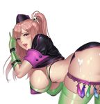  bent_over bikini breasts commentary_request commission condom_belt cosplay covered_nipples crossover cum dead_or_alive dead_or_alive_5 elbow_gloves fate/grand_order fate_(series) florence_nightingale_(fate/grand_order) florence_nightingale_(fate/grand_order)_(cosplay) from_side furrowed_eyebrows gloves green_gloves green_legwear hair_ornament half-closed_eyes hanging_breasts highres honoka_(doa) karmiel korean_commentary large_breasts lips long_hair looking_at_viewer looking_to_the_side one_side_up open_mouth pink_hair shiny shiny_clothes shiny_hair short_sleeves simple_background skirt solo swimsuit tally thighhighs trick_or_treatment white_background 