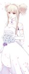  bouquet commentary_request dress flower highres jewelry kongou_(aoki_hagane_no_arpeggio) looking_at_viewer necklace open_mouth purple_flower purple_rose red_eyes rose sakurausagi_ao wedding_dress white_background white_hair 