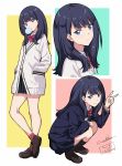  artist_name black_hair blue_eyes bow bowtie breasts brown_footwear bubble_blowing chewing_gum collared_shirt dated full_body hands_in_pockets highres jacket long_hair looking_at_viewer miniskirt multiple_views pleated_skirt school_uniform shirt shoes signature skirt small_breasts smile socks squatting ssss.gridman standing sweater takarada_rikka v werkbau 