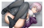  :3 ass black_legwear blush bow breasts commentary_request eyebrows_visible_through_hair glasses jacket large_breasts lavender_hair long_sleeves looking_at_viewer lying no_panties no_shoes off_shoulder on_back oonaka_ito open_clothes pantyhose pantyhose_pull purple_jacket red-framed_eyewear red_eyes school_uniform shinjou_akane shiny shiny_hair shiny_skin shirt short_hair smile solo ssss.gridman white_shirt 