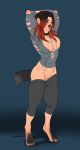  2018 anthro barefoot barely_visible_genitalia barely_visible_pussy black_ears black_fur blue_eyes breasts canine claws clothed clothing collar digitigrade facial_piercing female fur hair headphones human_to_anthro invalid_tag isindaj jacket jeans mammal multi_breast nose_piercing nose_ring panties pants piercing point_ears pussy red_hair redshift simple_background snout solo stretching torn_clothing transformation underwear were werewolf 