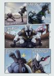  2018 abs alternate_color anthro anthrofied black_fur bulge canine clothed clothing comic corrsk digital_media_(artwork) dreadlocks duo eeveelution english_text fur hi_res lucario male mammal muscular muscular_male nintendo outside pecs pok&eacute;mon pok&eacute;mon_(species) pok&eacute;morph shaesullivan_(artist) speech_bubble text tight_clothing topless umbreon underwear video_games 