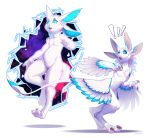  2018 5_fingers anthro avali blue_eyes digital_media_(artwork) digitigrade feathered_wings feathers featureless_crotch fur kyander male nude portal slightly_chubby space starbound surprise video_games white_feathers white_fur wings 