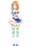  absurdres aozora_jumping_heart aqua_bow bangs belt blue_nails boots bow brown_hair earrings eyebrows_visible_through_hair frilled_skirt frills full_body hair_bow head_tilt highres idol index_finger_raised jewelry knee_boots layered_skirt long_hair looking_at_viewer love_live! love_live!_sunshine!! midriff miniskirt nail_polish navel original red_eyes shiny shiny_hair shirt short_sleeves simple_background skirt smile solo standing stomach striped striped_bow striped_legwear sudach_koppe swept_bangs thighhighs white_background white_footwear white_shirt white_skirt zettai_ryouiki 