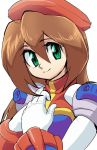  android beret brown_hair capcom commentary_request gloves green_eyes hair_between_eyes hands_on_own_chest hat highres iris_(rockman_x) long_hair looking_at_viewer naomim729 rockman rockman_x rockman_x4 simple_background sketch smile solo white_background white_gloves 
