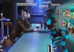  2018 5_fingers alcohol anthro bar beverage black_hair blue_eyes blue_fur breasts cat clothed clothing detailed_background dialogue digital_media_(artwork) duo english_text etskuni feline female fur green_eyes hair male mammal smile speech_bubble text tiger whiskers white_fur 