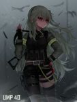  asymmetrical_legwear bangs belly_peek belt belt_buckle bird black_gloves black_hairband black_legwear black_ribbon black_shorts blurry blurry_background blush breasts breath buckle bulletproof_vest character_name commentary cowboy_shot depth_of_field dokomon eyebrows_visible_through_hair feathers fingerless_gloves girls_frontline gloves green_eyes green_hair gun h&amp;k_ump hair_between_eyes hair_ribbon hairband hand_on_belt hand_up heckler_&amp;_koch highres holding holding_gun holding_weapon holster korean_commentary layered_sleeves long_hair long_sleeves looking_away looking_to_the_side medium_breasts one_side_up outdoors parted_lips pouch ribbon rope short_shorts shorts snowing solo star star-shaped_pupils submachine_gun symbol-shaped_pupils thigh_strap thighhighs ump40_(girls_frontline) very_long_hair weapon winter 
