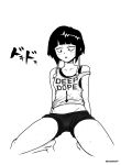  arrow artist_name bare_shoulders black_eyes black_hair blush boku_no_hero_academia cameltoe clothes_writing collarbone commentary earlobes english feet full_body greyscale half-closed_eyes highres jirou_kyouka monochrome navel open_mouth short_hair short_shorts shorts simple_background skuddbutt solo spread_legs squatting strap_slip sweat sweatdrop tank_top white_background 