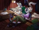  2017 4_toes anthro blue_eyes breasts cat chilling clothed clothing digital_media_(artwork) duo feline female fin fish hair male mammal marine poof-poof poofroom reading shark smile toes white_hair 