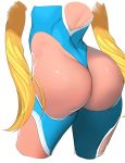  ass ass_focus back_cutout blonde_hair blue_legwear blue_leotard commentary from_behind highleg highleg_leotard leotard long_hair rainbow_mika simple_background sketch solo street_fighter street_fighter_v thighhighs thong_leotard tsukimoto_aoi twintails very_long_hair white_background 