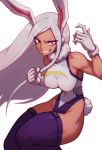  :d animal_ears bare_shoulders black_legwear boku_no_hero_academia breasts bunny_ears bunny_tail commentary covered_navel dark_skin english_commentary fur_trim gloves grin highleg highleg_leotard leotard liyart long_hair looking_at_viewer medium_breasts muscle open_mouth red_eyes simple_background smile solo tail thighhighs thighs toned usagiyama_rumi very_long_hair white_background white_gloves white_hair white_leotard 