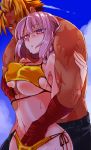  1girl beowulf_(fate/grand_order) bikini black_pants blonde_hair breast_grab breasts chaldea_lifesavers couple cowboy_shot fate/grand_order fate_(series) fingering fingering_through_clothes fingerless_gloves florence_nightingale_(fate/grand_order) gloves grabbing grabbing_from_behind hetero large_breasts mijinko_(83nabe) muscle navel pants parted_lips pink_eyes pink_hair red_eyes red_gloves scar shiny shiny_skin shirtless short_hair side-tie_bikini sweat swimsuit through_clothes yellow_bikini 