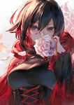  backlighting bangs black_hair breasts cape commentary corset cross english_commentary flower gradient_hair hair_between_eyes izumi_sai long_sleeves looking_at_viewer medium_breasts multicolored_hair petals red_cape red_hair rose rose_petals ruby_rose rwby short_hair silver_eyes solo two-tone_hair upper_body 