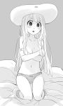  amagaeru_(amapippi052525) bed blush bow bow_panties braid breasts cleavage collarbone covering covering_breasts crossed_arms greyscale hat highres kneeling lillie_(pokemon) long_hair monochrome navel panties parted_lips pokemon pokemon_(game) pokemon_sm round_teeth small_breasts solo sun_hat teeth twin_braids underwear underwear_only 