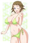  ;d ass_visible_through_thighs bangs bikini blue_eyes breasts brown_hair cleavage clenched_hand commentary cowboy_shot green_background green_bikini gundam gundam_build_divers igarashi_(igarashi_346) large_breasts looking_at_viewer nanase_nanami_(gundam_build_divers) navel one_eye_closed open_mouth short_hair side-tie_bikini skin smile solo standing swimsuit thighs 