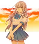  blue_bow blue_skirt bow brown_eyes cloud glint hair_between_eyes highres irozuku_sekai_no_ashita_kara ita_(1_oonly) jewelry jpeg_artifacts long_hair looking_at_viewer orange_sky parted_lips school_uniform shirt short_sleeves silver_hair single_earring skirt sky solo standing tsukishiro_hitomi white_shirt 