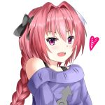  astolfo_(fate) bangs bare_shoulders black_bow blush bow braid ceijin collarbone commentary english_commentary eyelashes fang fate/grand_order fate_(series) hair_between_eyes hair_bow hair_intakes heart long_braid long_hair long_sleeves looking_at_viewer male_focus multicolored_hair off-shoulder_sweater off_shoulder open_mouth otoko_no_ko pink_hair purple_eyes purple_sweater simple_background single_braid smile solo streaked_hair sweater upper_body white_background white_hair 