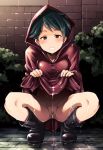  bangs boots bottomless commentary_request dripping exhibitionism green_eyes green_hair grin kantai_collection looking_at_viewer mogami_(kantai_collection) outdoors pubic_hair rain raincoat sakura_(medilore) short_hair smile solo squatting swept_bangs 