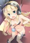  :3 :d albacore_(azur_lane) ass_visible_through_thighs azur_lane bangs bikini bikini_pull black_bikini blonde_hair blush breasts collarbone commentary_request day eyebrows_visible_through_hair fang from_above green_eyes gun hair_between_eyes hand_on_hip headphones headset indoors leaning_to_the_side light long_hair looking_at_viewer loose_bikini maruchan. navel nipples open_mouth pulled_by_self small_breasts smile solo standing star star_in_eye striped striped_bikini_bottom sunlight swimsuit symbol_in_eye very_long_hair weapon wristband 