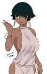  areola_slip areolae bare_shoulders black_eyes black_hair bracelet breasts commentary dark_skin dated earrings halterneck hoop_earrings jewelry large_breasts nefertari_(tsukudani) original short_hair signature simple_background smile solo tsukudani_(coke-buta) very_short_hair white_background 