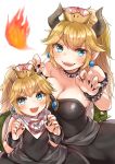  bandana bangs black_collar black_dress blonde_hair blush bowsette bowsette_jr. bracelet breasts breathing_fire brooch claw_pose cleavage collar commentary crown dress earrings eyebrows_visible_through_hair fingernails fire highres horns jewelry koretsuna long_hair looking_at_viewer mario_(series) medium_dress mother_and_daughter multiple_girls new_super_mario_bros._u_deluxe open_mouth pointy_ears sharp_fingernails sharp_teeth short_ponytail simple_background smile spiked_armlet spiked_bracelet spiked_collar spiked_shell spikes standing strapless strapless_dress super_crown teeth turtle_shell white_background 