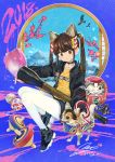  2018 animal_ears bird black_choker black_footwear black_jacket blue_sky bone branch bright_pupils brown_eyes brown_hair calligraphy cat_ears chihuahua chinese_clothes chinese_zodiac choker clothes_writing commentary_request daruma_doll eagle eggplant flower full_body head_tilt highres jacket jewelry long_hair long_sleeves looking_at_viewer mountain nail_polish nengajou new_year open_clothes open_jacket original oversized_object paint paintbrush pantyhose patch paw_print pendant pink_flower rainys_bill shirt shoes signature sitting sky sneakers solo star_(sky) starry_sky translation_request white_legwear year_of_the_dog yellow_shirt 