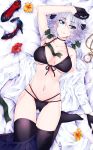  arm_up bed_sheet bikini black_bikini black_gloves black_legwear black_ribbon blue_eyes blue_skirt bow braid breasts choker cleavage clock collar dress_shirt flower from_above front-tie_bikini front-tie_top gloves green_bow green_ribbon hair_bow hair_ribbon hibiscus highres himajinsan0401 izayoi_sakuya large_breasts looking_away lying maid_headdress multi-strapped_bikini navel on_back open_clothes open_shirt pleated_skirt red_flower ribbon shirt shoes_removed short_hair silver_hair skirt skirt_around_one_leg smile solo sweatdrop swimsuit thighhighs touhou twin_braids underboob white_shirt yellow_flower 