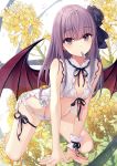  1girl babydoll bangs bare_legs black_ribbon blush bra closed_mouth demon_girl demon_wings eyebrows_visible_through_hair flat_chest floral_background kneeling legs_apart lingerie long_hair looking_at_viewer mouth_hold original panties purple_eyes purple_hair ribbon sleeveless solo thighs underwear underwear_only white_bra white_panties wings yashiro_seika 