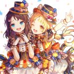  absurdres bang_dream! blonde_hair blue_bow blue_eyes blue_hat blush bow brown_eyes brown_hair character_hair_ornament eyebrows_visible_through_hair gloves ha_youn hair_bow hair_ornament hat highres horse_earrings index_finger_raised long_hair looking_at_viewer michelle_(bang_dream!) multi-tied_hair multiple_girls nervous_smile okusawa_misaki one_eye_closed open_mouth polka_dot polka_dot_bow smile sweatdrop top_hat tsurumaki_kokoro twintails white_gloves 