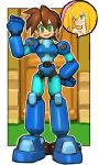  1girl absurdres android blonde_hair blush brown_hair capcom clenched_hand commentary_request dakusuta door embarrassed full_body green_eyes hair_between_eyes hand_on_hip highres open_mouth outside_border rock_volnutt rockman rockman_dash roll_caskett smile solo_focus standing 